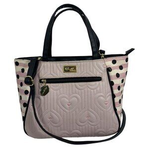 BETSEY JOHNSON Ballet Pink Quilted Heart Polka Dot Striped Sides Handbag Tote